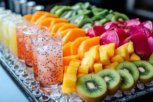 Fresh fruit platter displayed on ice with refreshing fruit juice drinks photo