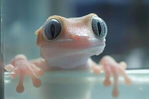 Curious gecko pressing against glass surface with big eyes photo