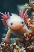 Axolotl swimming near aquatic plants with pink gills photo