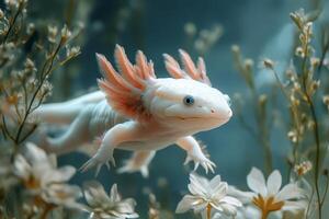 White axolotl swimming in aquarium surrounded by flowers photo