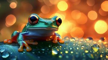 Colorful frog resting on wet leaf with bokeh background photo