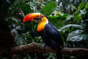 Channel-billed toucan perched on branch in lush tropical rainforest photo