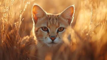 Sand cat hiding in the tall grass at sunset photo