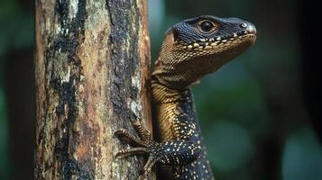 Monitor lizard climbing tree in tropical rainforest habitat photo