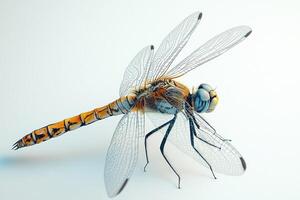 Dragonfly standing on a white surface showing photo