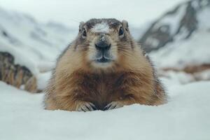 Himalayan marmot emerging from its burrow in the snow photo