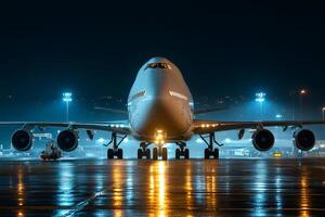 Boeing 747 preparing for takeoff at night on wet runway photo