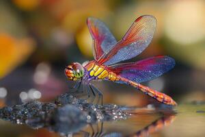 Colorful dragonfly resting on rock by the water with bokeh background photo