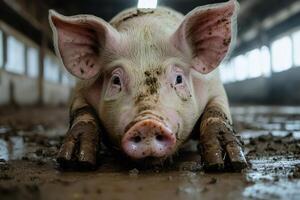 Pig lying in mud on farm, enjoying a relaxing moment photo