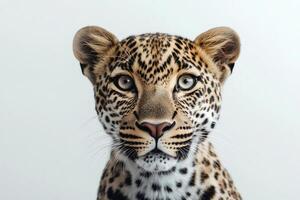 Leopard cub staring with intense gaze on white background photo
