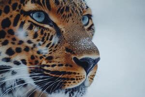 Leopard resting in snowy habitat, close-up on face with intense blue eyes photo