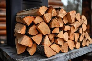 Stack of firewood drying near log cabin and fireplace insert photo