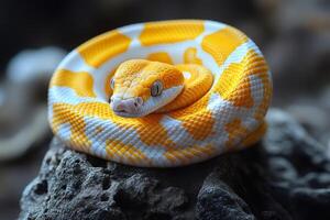 Yellow and white python resting on rock photo