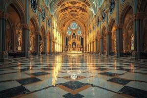 luz de sol reflejando en mármol piso en vacío catedral foto