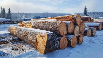 Stacked logs covered with snow in winter at logging site photo