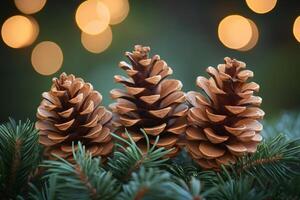 Three pine cones resting on pine branches with christmas lights in background. photo