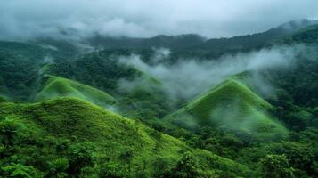 Low clouds covering lush green rolling hills in tropical rainforest photo