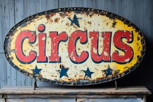 Old weathered circus sign displaying red lettering and stars on yellow background photo