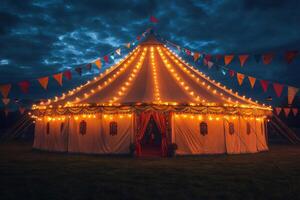 Large circus tent illuminated at night with colorful flags photo