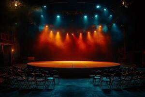 Empty round stage illuminated by warm and cold lights waiting for the show to begin photo