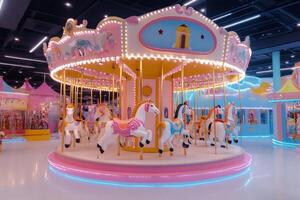 Colorful merry-go-round spinning in amusement park photo