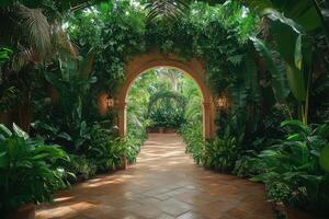 Brick archway framing lush pathway in botanical garden. photo