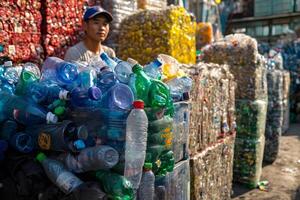 Worker sorting plastic bottles for recycling in waste management facility photo