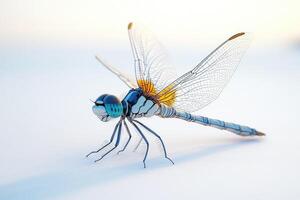 Dragonfly resting on a white surface with spread wings photo