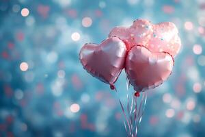 Pink heart shaped balloons floating on a blue bokeh background photo
