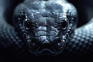 Black snake staring with intense gaze in dark setting photo