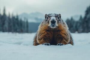 Marmot emerging from its burrow in snowy landscape photo
