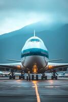 Boeing 747 airplane taxiing on airport runway at dusk photo