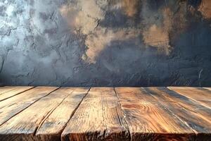 Empty wooden tabletop with rustic background for product placement photo