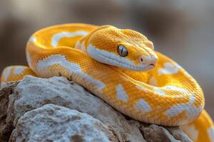 Golden snake resting on a rock close-up of a beautiful reptile photo