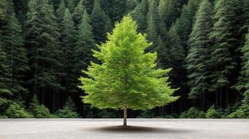 vibrant green tree stands alone in serene forest setting photo