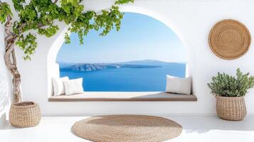 serene interior with panoramic view of Santorini blue sea and sky photo