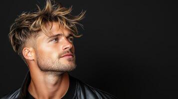 Stylish man with trendy haircut and leather jacket against dark background photo