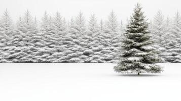 majestic fir tree stands alone in snowy landscape, surrounded by forest photo
