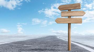 wooden signpost stands on road under bright blue sky, symbolizing choices photo