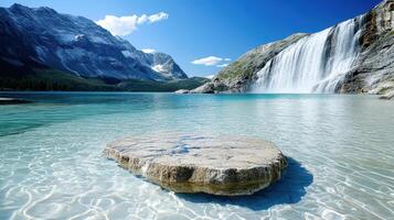 Majestic waterfall cascading into serene turquoise lake surrounded by mountains photo