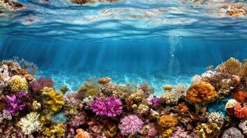 Vibrant coral garden with colorful corals and clear blue water photo