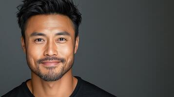 Confident Asian man smiling with stylish haircut and beard photo
