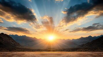 stunning sunset over mountains with vibrant rays illuminating sky photo