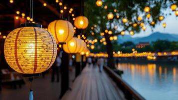Colorful lanterns illuminate serene riverside scene at dusk photo