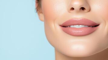 Close up of model lips with soft matte lipstick and bright smile photo
