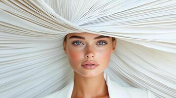 stunning woman with striking blue eyes and unique white headpiece photo