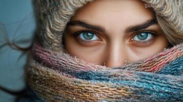 girl with blue eyes wrapped in colorful scarf, exuding winter charm photo