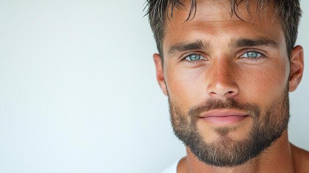 striking portrait of man with captivating blue eyes and beard photo