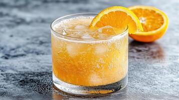 Fresh orange juice with ice in glass, garnished with slice of orange photo