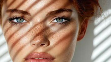 close up of woman with striking blue eyes and freckles, illuminated by shadows photo